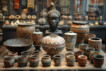 Collection of Traditional African Pottery and Carvings Displayed in a Cultural Museum Settingの素材