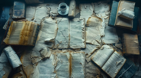 Ancient Books and Coffee Cup Arranged on a Rustic Wooden Table in a Cozy Settingの素材