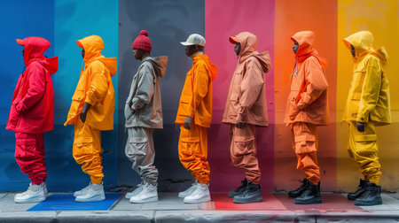 Colorful Urban Fashion Display Featuring Diverse Models in Vibrant Streetwear Against Bold Wall Muralsの素材