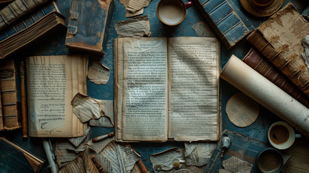 Stacks of Antique Books and Papers Arranged on a Vintage Wooden Tableの素材