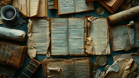 Old Antique Books and Manuscripts Arranged on a Wooden Table Surrounded by Collectible Coins and a Cup of Coffeeの素材