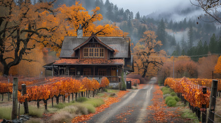 Autumn View of a Vintage House Surrounded by Vibrant Vineyards in the Mountainsの素材