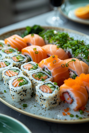 Colorful Sushi Platter Featuring Salmon, Vegetables, and Toppings at a Contemporary Dining Tableの素材