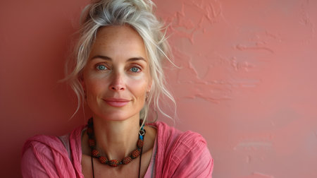 Young Woman With Light Hair and Blue Eyes Posing Against Pink Wall in Natural Lightの素材
