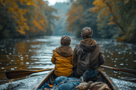 Two Children Canoeing in a Serene Autumn River Surrounded by Vibrant Foliageの素材