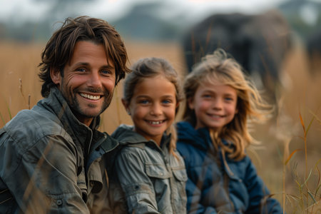 Family Enjoys Wildlife Experience in Nature Amidst Elephants on a Sunny Dayの素材
