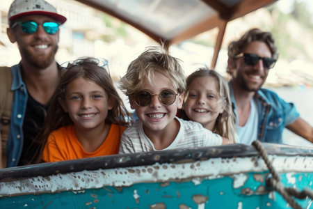 Smiling Children Enjoying a Boat Ride on a Sunny Day at the Lakeの素材