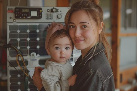 Young Mother Holding Baby In Front Of Solar Panels Inside A Cozy Homeの素材