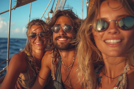 Friends Enjoying a Relaxing Sailing Adventure on a Sunny Day at Seaの素材