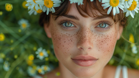 Young Woman With Freckles and Flower Crown Lying in a Field of Daisiesの素材