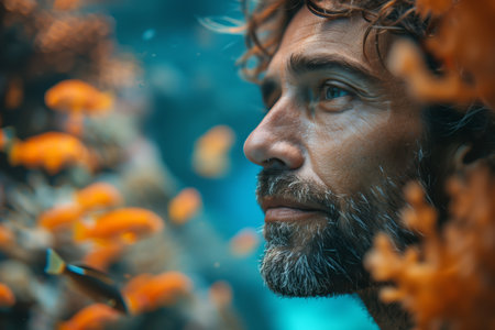 Man Observing Colorful Jellyfish in Underwater Aquarium During Evening Hoursの素材