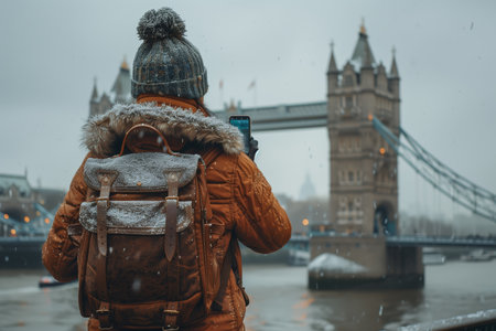Person Holding Smartphone While Admiring Tower Bridge in London During Snowy Weatherの素材