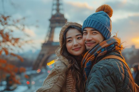 Romantic Couple Embracing in Front of Eiffel Tower at Sunset in Parisの素材