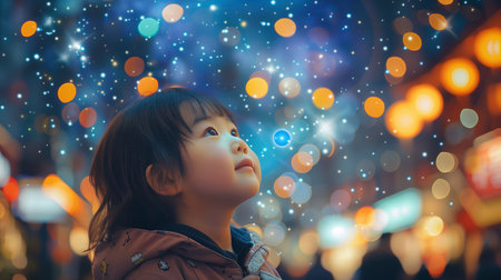 A Young Child Gazing Upward at a Starry Night Sky Full of Colorful Lightsの素材