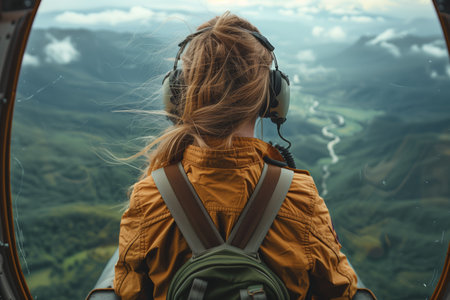 Adventurous Individual Wearing Headphones Soars Over Scenic Green Valley on Clear Dayの素材