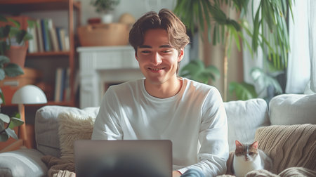 Young Man Smiling While Working on Laptop in Cozy Living Room With Cat Nearbyの素材