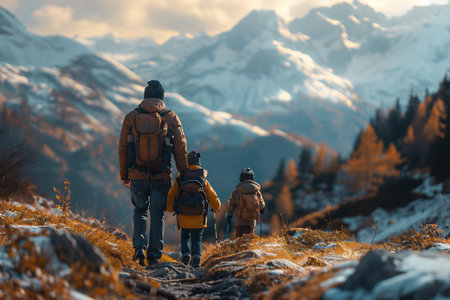 Family Hiking Through Scenic Mountain Trail During Autumn Sunsetの素材