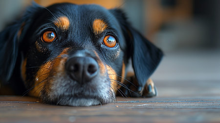 Curious Dog Relaxing on Wooden Floor in Cozy Indoor Space During Afternoonの素材