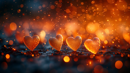 Illuminated Hearts Glowing on a Dark Background Surrounded by Warm Sparks and Glimmersの素材