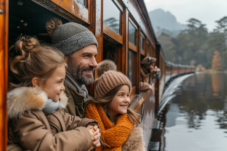 Family Enjoying a Scenic Train Ride Through Autumn Landscape by the Serene Lakeの素材