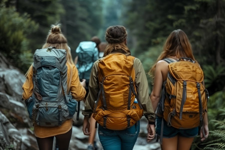 Group of Hikers With Backpacks Trekking Through Dense Forest During Daylight Hoursの素材