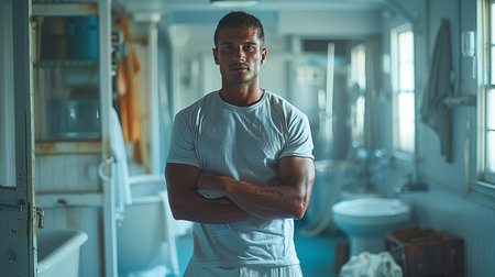 Confident Man Standing With Arms Crossed Inside an Industrial-Style Bathroom Settingの素材