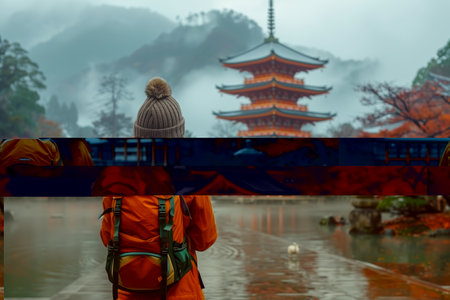 Autumn Traveler in Warm Jacket Enjoys Tranquil Japanese Temple Reflection at Dawnの素材