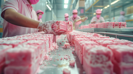 Workers Preparing and Packaging Soft Pink Confectionery in a Factory During Daylight Hoursの素材