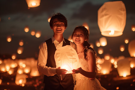 Couple Holding Lanterns Together Under Starry Sky at Evening Lantern Festivalの素材