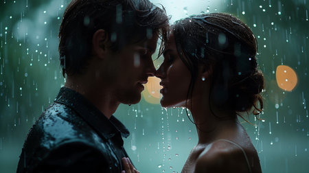 Romantic Couple Embracing Under Rainy Night Sky in Urban Settingの素材