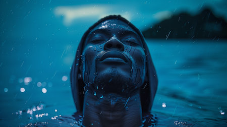 Young Man Enjoying Rain While Swimming in Calm Waters at Duskの素材