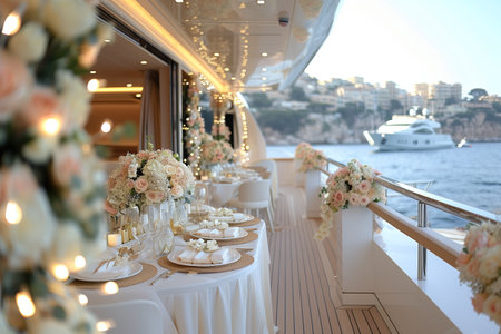 Luxurious Yacht Wedding Reception With Elegant Floral Arrangements Overlooking Coastal City at Sunsetの素材