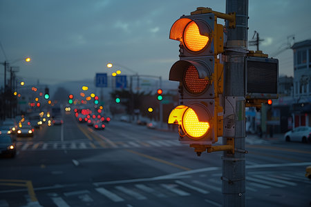 Yellow Traffic Signal Illuminated at Dusk in Urban Intersection With Vehicles in Motionの素材