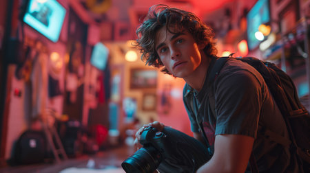 Young Photographer Among Colorful Lights Capturing Moments in Creative Space Late at Nightの素材