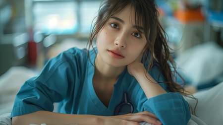 Young Female Healthcare Worker in Blue Scrubs Taking a Moment in Hospital Roomの素材