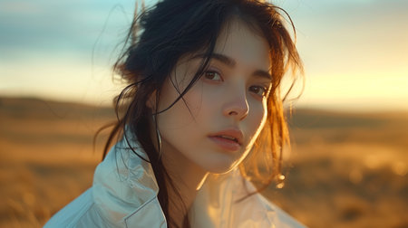 Young Woman With Long Hair Posing in a Sunlit Golden Field at Duskの素材