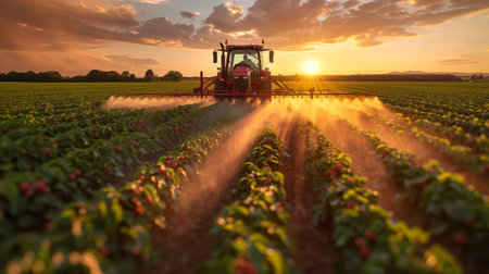 Tractor Spraying Crops at Sunset in Vibrant Agricultural Landscapeの素材