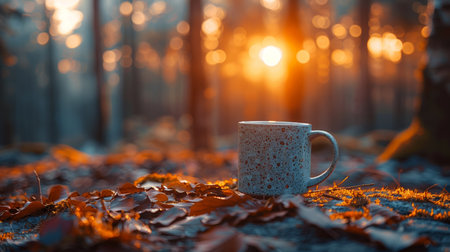 Warm Mug of Coffee on Colorful Autumn Leaves at Sunrise in Forestの素材