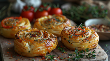 Freshly Baked Savory Pastry Rolls With Herbs and Cherry Tomatoes on a Wooden Boardの素材