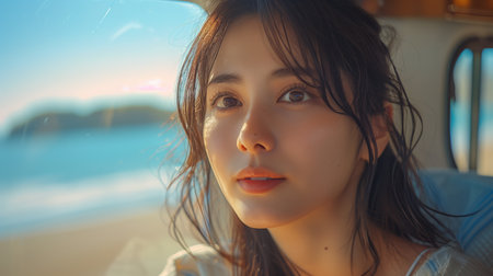 Young Woman Gazing Out of a Vehicle Window by the Beach at Sunsetの素材
