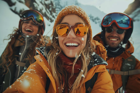 Happy Friends Enjoying Winter Adventure in Snowy Mountains During Daytimeの素材