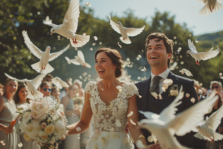 Joyful Wedding Celebration With Doves Released in Beautiful Outdoor Settingの素材