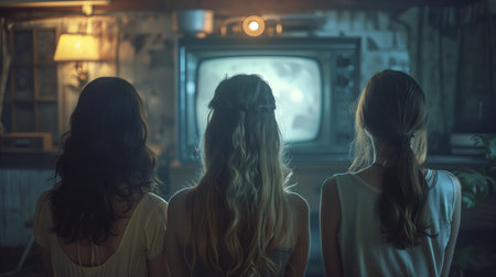 Three Young Women Sitting Together Enjoying Vintage Television in Dimly Lit Roomの素材