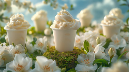 Delightful Ice Cream Cups Surrounded by Blossoming Flowers Under a Clear Blue Skyの素材