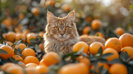 A Ginger Cat Relaxing Among Fresh Oranges in a Sunny Orchard During Early Afternoonの素材