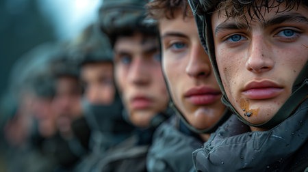 Young Soldiers Preparing for Training Exercises at Dawn in a Military Baseの素材