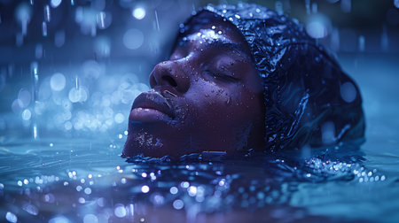 Young Man Floating Calmly in Water Under Rainy Blue Sky at Nightの素材