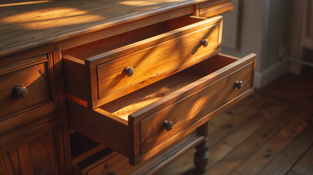 Warm Light Illuminates Open Wooden Drawers in Rustic Workspace During Afternoonの素材