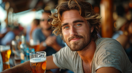 Relaxed Young Man Enjoys Refreshing Beer at Outdoor Bar During Warm Summer Eveningの素材