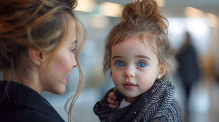 Mother Holding Her Young Daughter With Striking Blue Eyes in a Bright Indoor Locationの素材